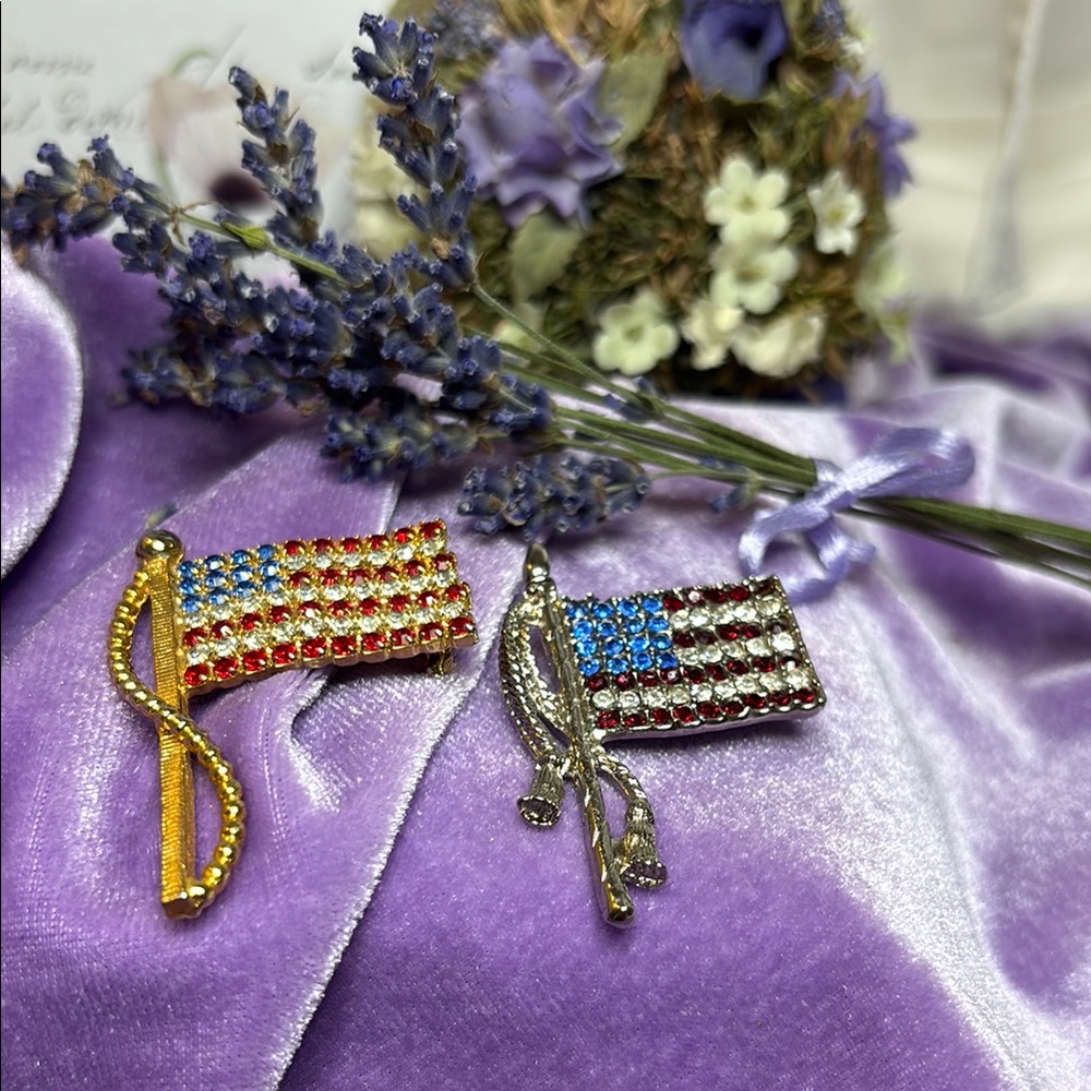 Gold and Silver American Flags Brooch Set #EA23